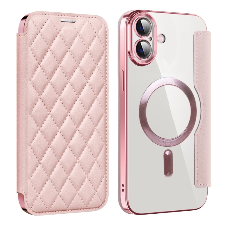 

For iPhone 16 Plus Shield Magsafe RFID Anti-theft Rhombus Leather Phone Case(Pink)