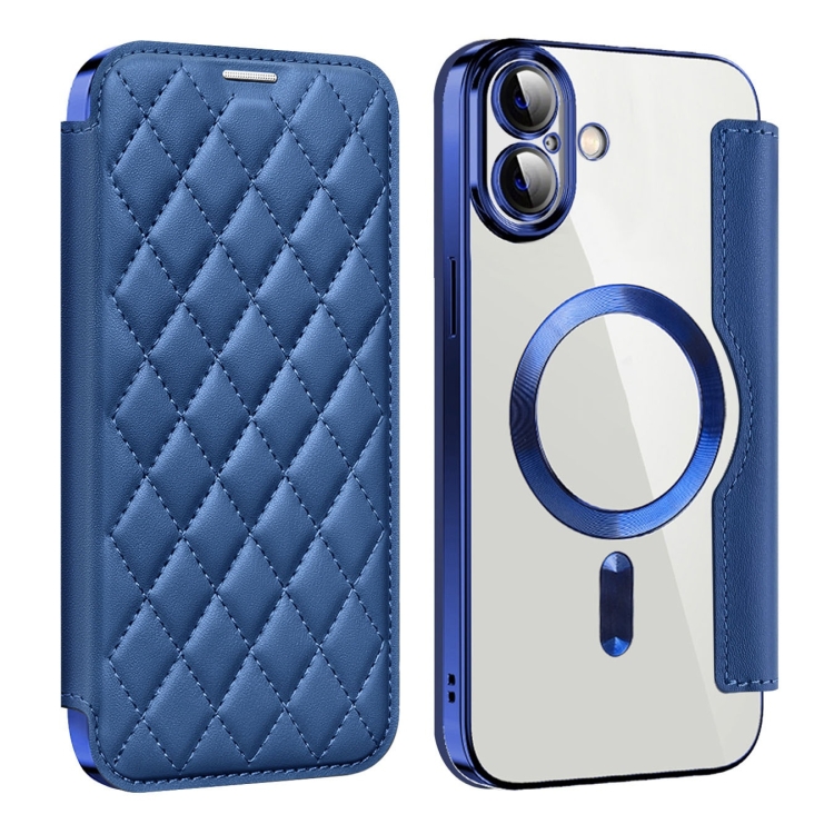 

For iPhone 16 Plus Shield Magsafe RFID Anti-theft Rhombus Leather Phone Case(Dark Blue)
