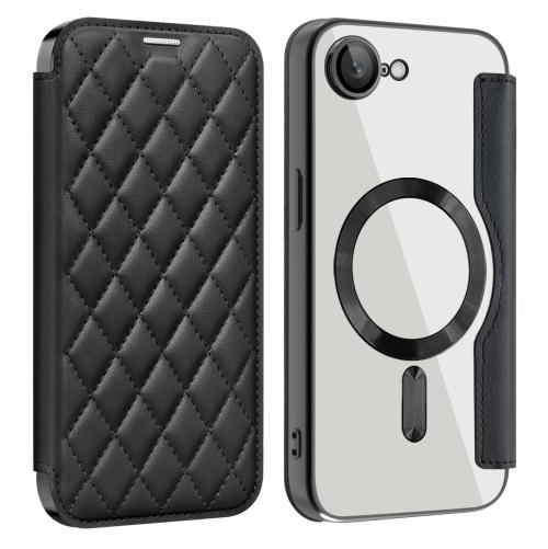 

For iPhone 16e Shield Magsafe RFID Anti-theft Rhombus Leather Phone Case(Black)