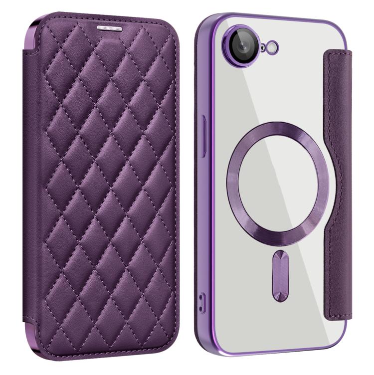 

For iPhone 16e Shield Magsafe RFID Anti-theft Rhombus Leather Phone Case(Purple)