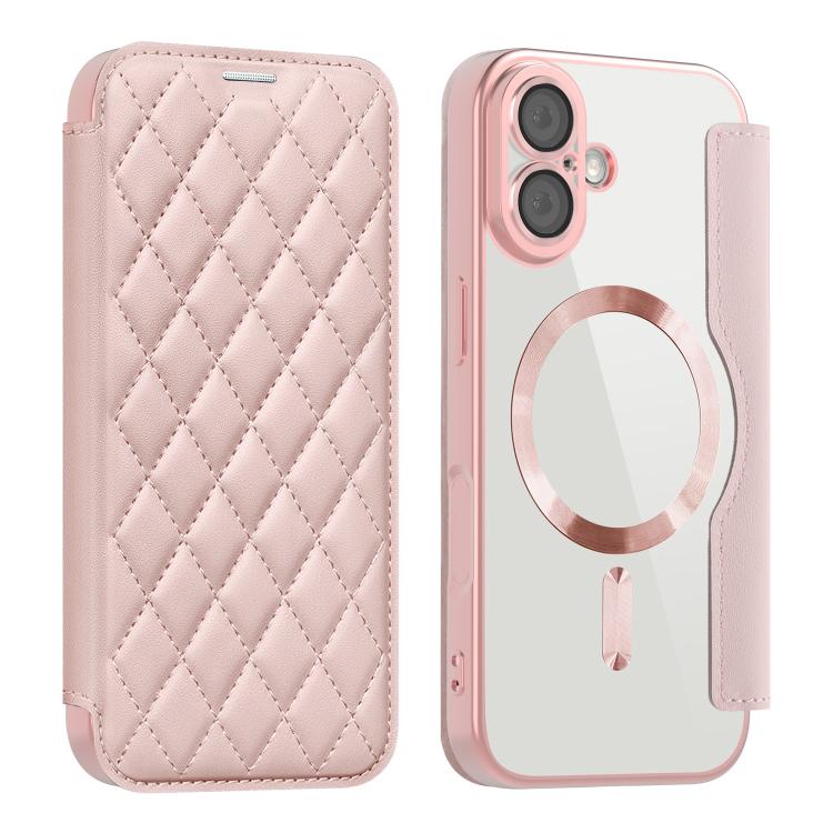 

For iPhone 17 Shield Magsafe RFID Anti-theft Rhombus Leather Phone Case(Pink)