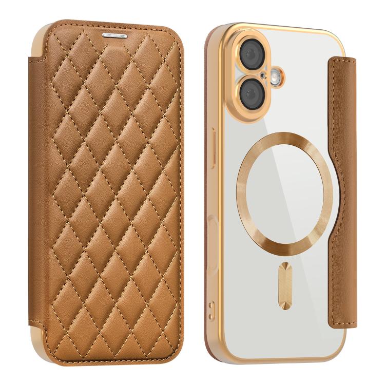 

For iPhone 17 Shield Magsafe RFID Anti-theft Rhombus Leather Phone Case(Brown)