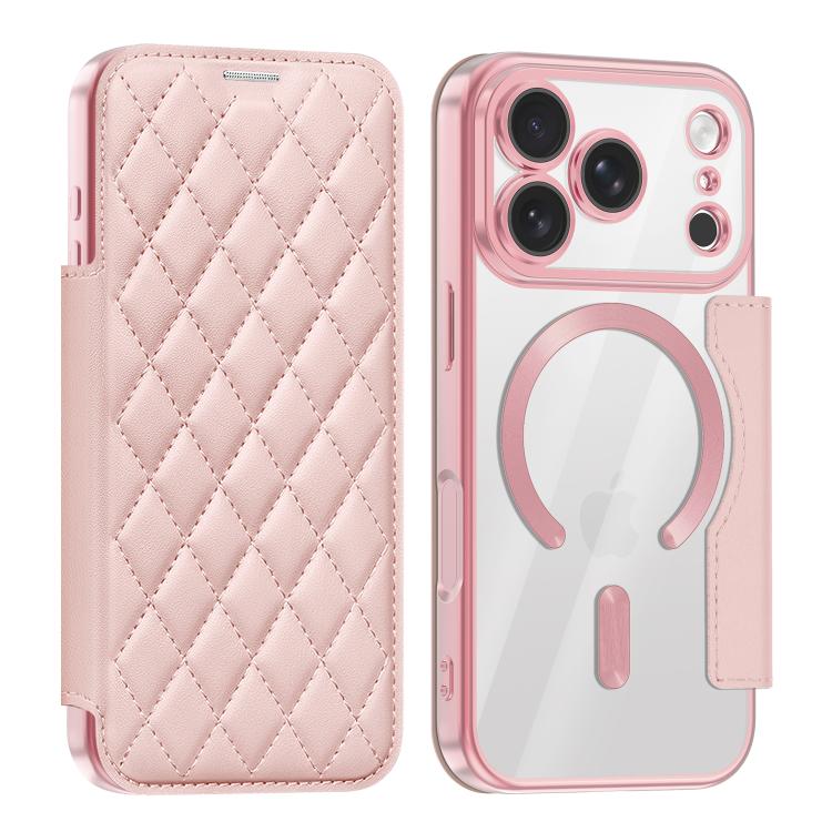For iPhone 18 Pro Shield Magsafe RFID Anti-theft Rhombus Leather Phone Case(Pink)