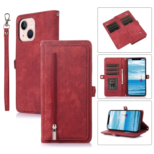 

For iPhone 15 Zipper Card Slot Buckle Wallet Leather Phone Case(Red)