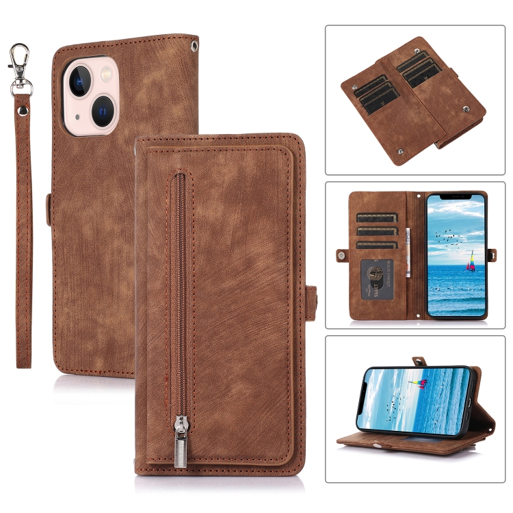 

For iPhone 15 Zipper Card Slot Buckle Wallet Leather Phone Case(Brown)