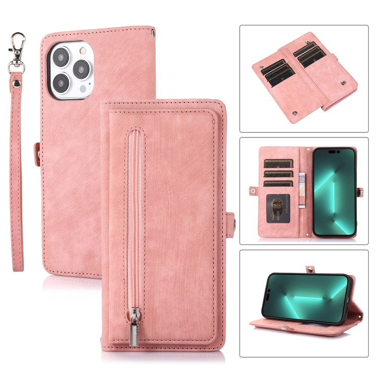 

For iPhone 15 Pro Max Zipper Card Slot Buckle Wallet Leather Phone Case(Pink)