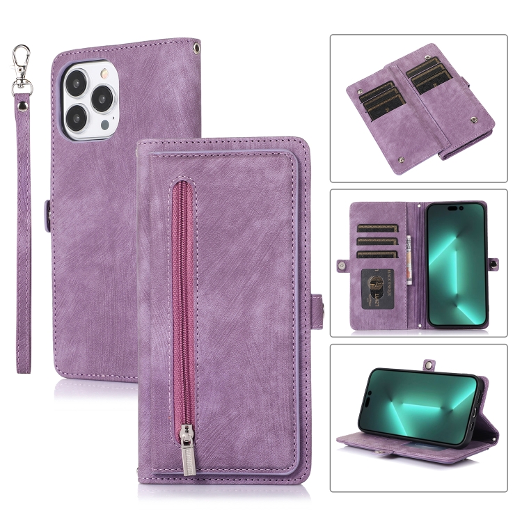 

For iPhone 15 Pro Max Zipper Card Slot Buckle Wallet Leather Phone Case(Purple)