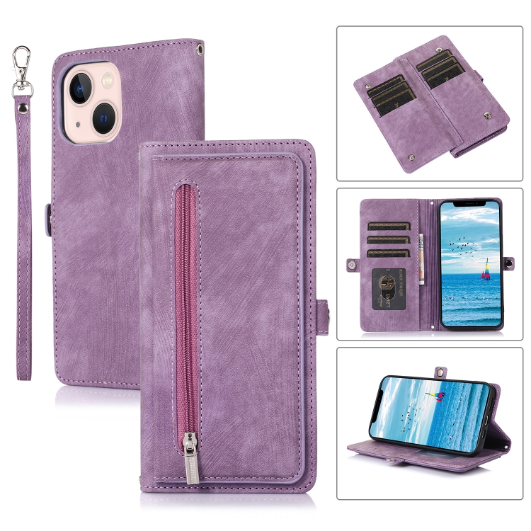 

For iPhone 15 Plus Zipper Card Slot Buckle Wallet Leather Phone Case(Purple)