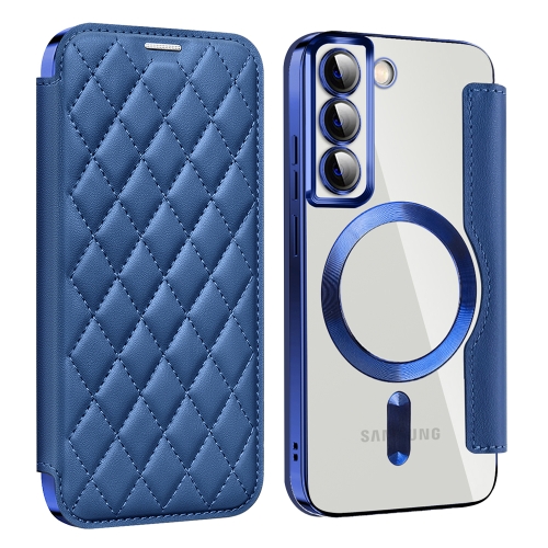 

For Samsung Galaxy S22 5G Shield Magsafe RFID Anti-theft Rhombus Leather Phone Case(Dark Blue)