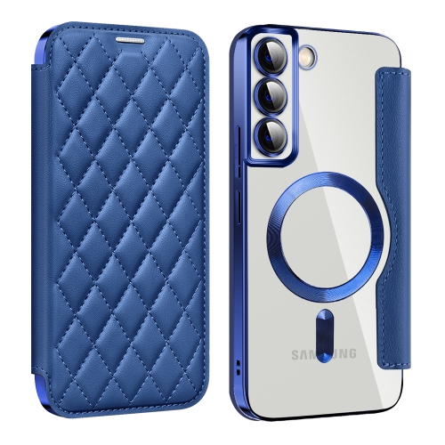 

For Samsung Galaxy S22+ 5G Shield Magsafe RFID Anti-theft Rhombus Leather Phone Case(Dark Blue)