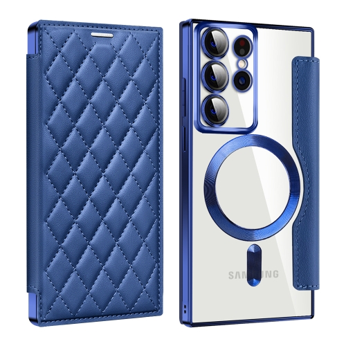

For Samsung Galaxy S22 Ultra 5G Shield Magsafe RFID Anti-theft Rhombus Leather Phone Case(Dark Blue)