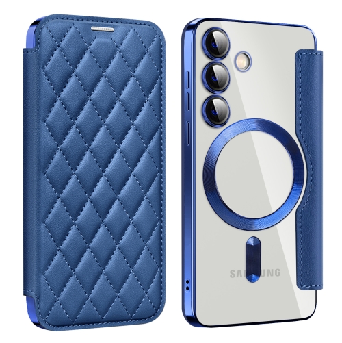 

For Samsung Galaxy S24 5G Shield Magsafe RFID Anti-theft Rhombus Leather Phone Case(Dark Blue)