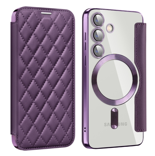 

For Samsung Galaxy S24 5G Shield Magsafe RFID Anti-theft Rhombus Leather Phone Case(Purple)