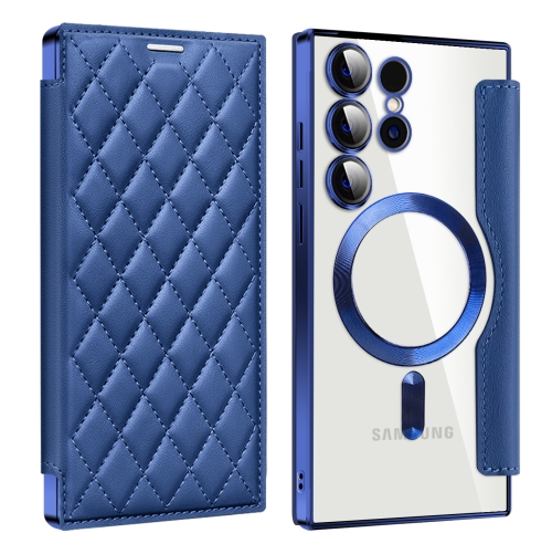 

For Samsung Galaxy S24 Ultra 5G Shield Magsafe RFID Anti-theft Rhombus Leather Phone Case(Dark Blue)