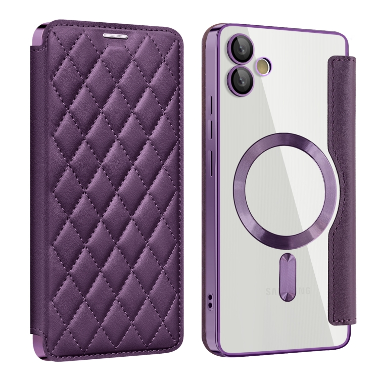

For Samsung Galaxy A05 Shield MagSafe RFID Anti-theft Rhombus Leather Phone Case(Purple)