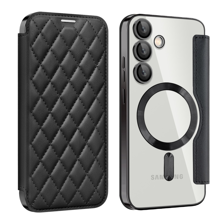 

For Samsung Galaxy S24 FE 5G Shield MagSafe RFID Anti-theft Rhombus Leather Phone Case(Black)