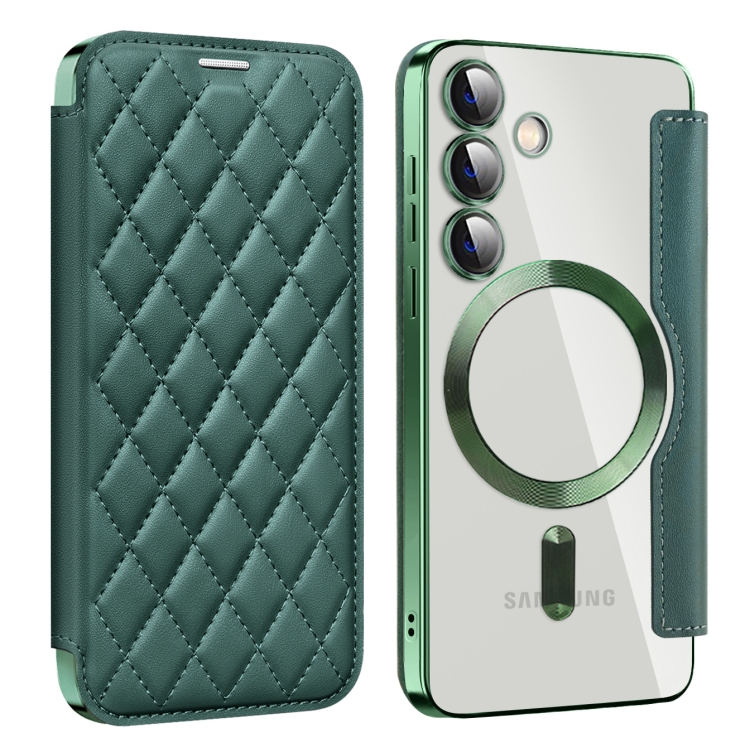 

For Samsung Galaxy S25 5G Shield MagSafe RFID Anti-theft Rhombus Leather Phone Case(Green)