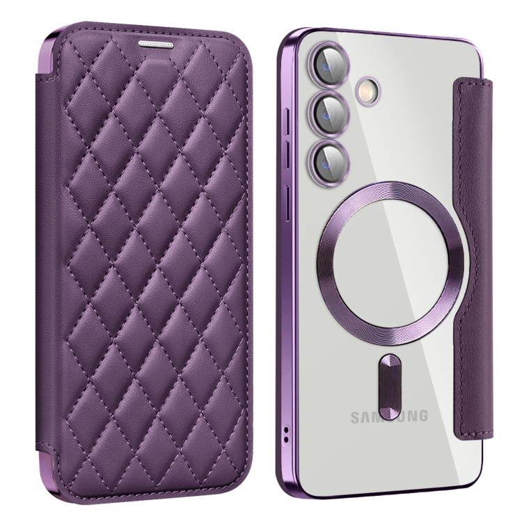 

For Samsung Galaxy S25+ 5G Shield MagSafe RFID Anti-theft Rhombus Leather Phone Case(Purple)