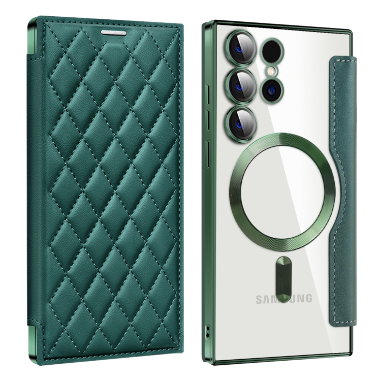 

For Samsung Galaxy S25 Ultra 5G Shield MagSafe RFID Anti-theft Rhombus Leather Phone Case(Green)