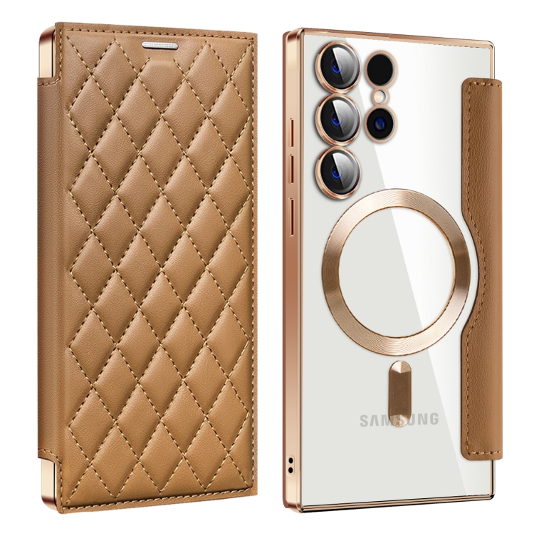

For Samsung Galaxy S25 Ultra 5G Shield MagSafe RFID Anti-theft Rhombus Leather Phone Case(Brown)