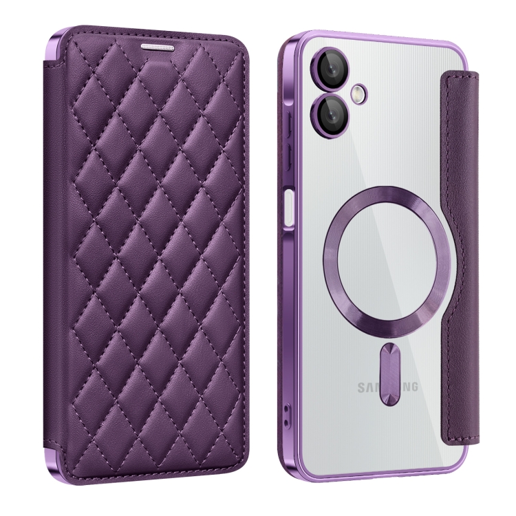 

For Samsung Galaxy A06 4G Shield MagSafe RFID Anti-theft Rhombus Leather Phone Case(Purple)