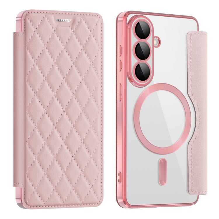 

For Samsung Galaxy S26 5G Shield MagSafe RFID Anti-theft Rhombus Leather Phone Case(Pink)