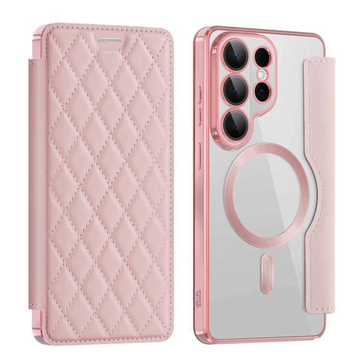 

For Samsung Galaxy S26 Ultra 5G Shield MagSafe RFID Anti-theft Rhombus Leather Phone Case(Pink)