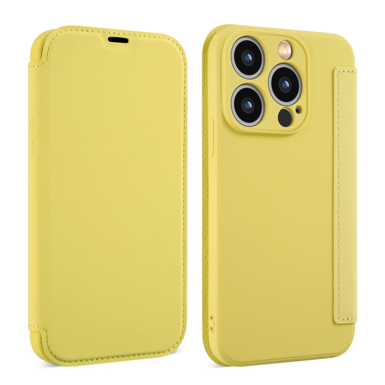 

For iPhone 14 Pro Max Imitate Liquid Skin Feel Leather Phone Case with Card Slots(Yellow)