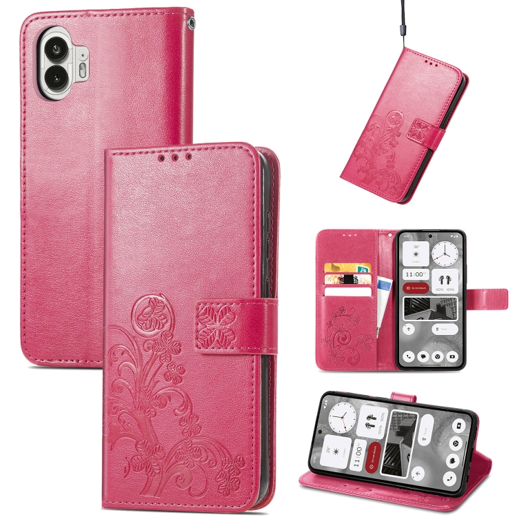 

For Nothing Phone 2 Four-leaf Clasp Embossed Buckle Leather Phone Case(Magenta)