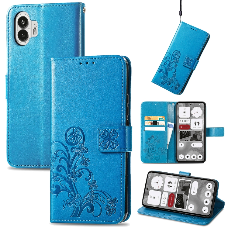 

For Nothing Phone 2 Four-leaf Clasp Embossed Buckle Leather Phone Case(Blue)