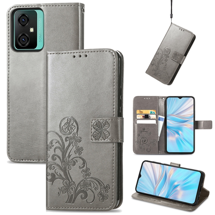 

For Blackview Oscal C70 Four-leaf Clasp Embossed Buckle Leather Phone Case(Gray)