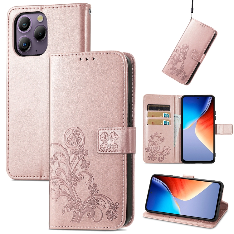 

For Blackview A96 Four-leaf Clasp Embossed Buckle Leather Phone Case(Rose Gold)