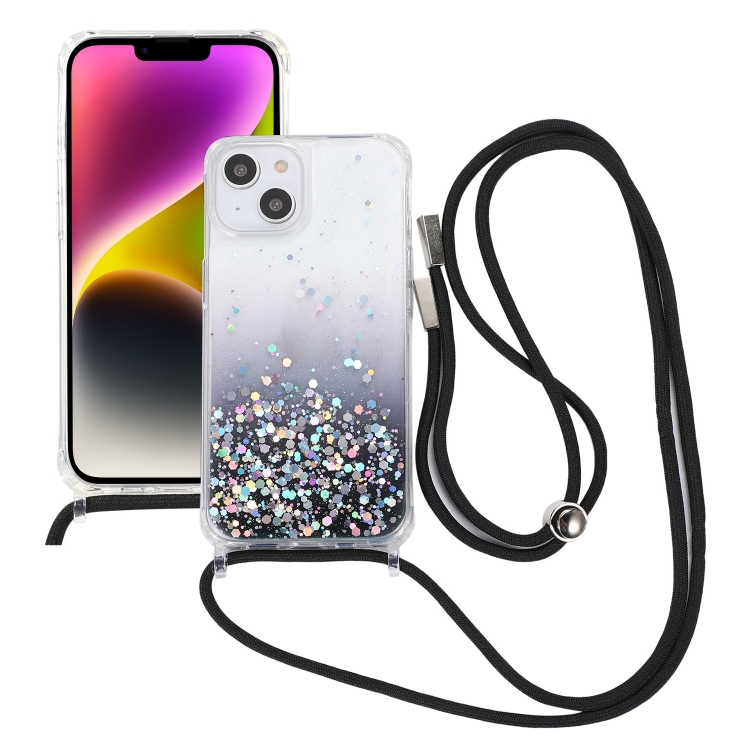 

For iPhone 15 Gradient Glitter Epoxy TPU Thickened Acrylic Phone Case with Round Neck Lanyard(Black)