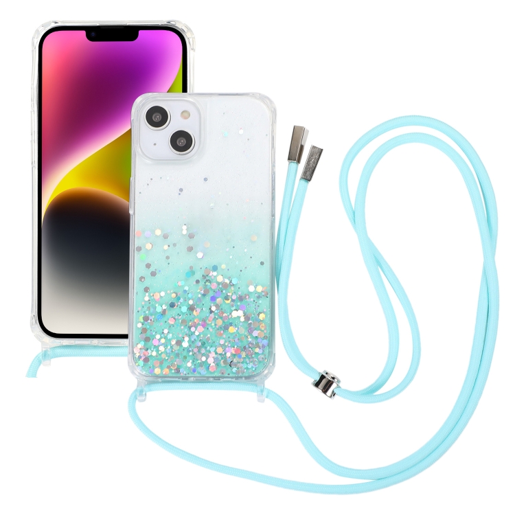 

For iPhone 15 Gradient Glitter Epoxy TPU Thickened Acrylic Phone Case with Round Neck Lanyard(Blue)