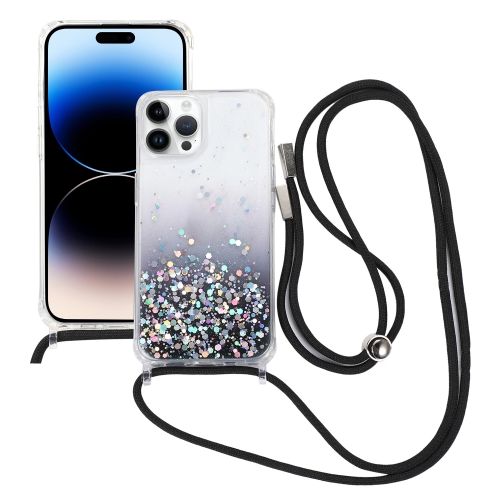 

For iPhone 15 Pro Gradient Glitter Epoxy TPU Thickened Acrylic Phone Case with Round Neck Lanyard(Black)