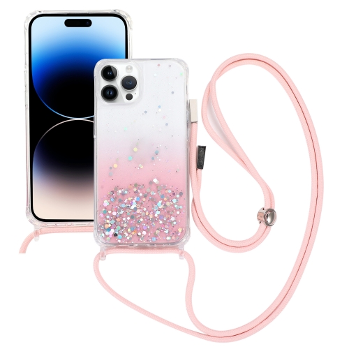 

For iPhone 15 Pro Gradient Glitter Epoxy TPU Thickened Acrylic Phone Case with Round Neck Lanyard(Pink)