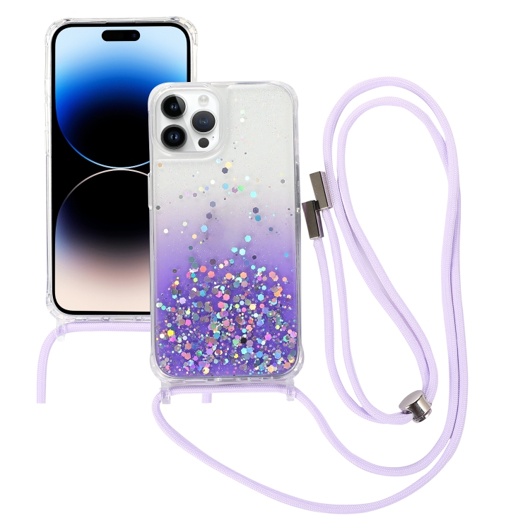 

For iPhone 15 Pro Gradient Glitter Epoxy TPU Thickened Acrylic Phone Case with Round Neck Lanyard(Purple)