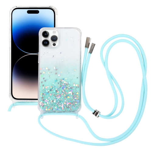 

For iPhone 15 Pro Gradient Glitter Epoxy TPU Thickened Acrylic Phone Case with Round Neck Lanyard(Blue)