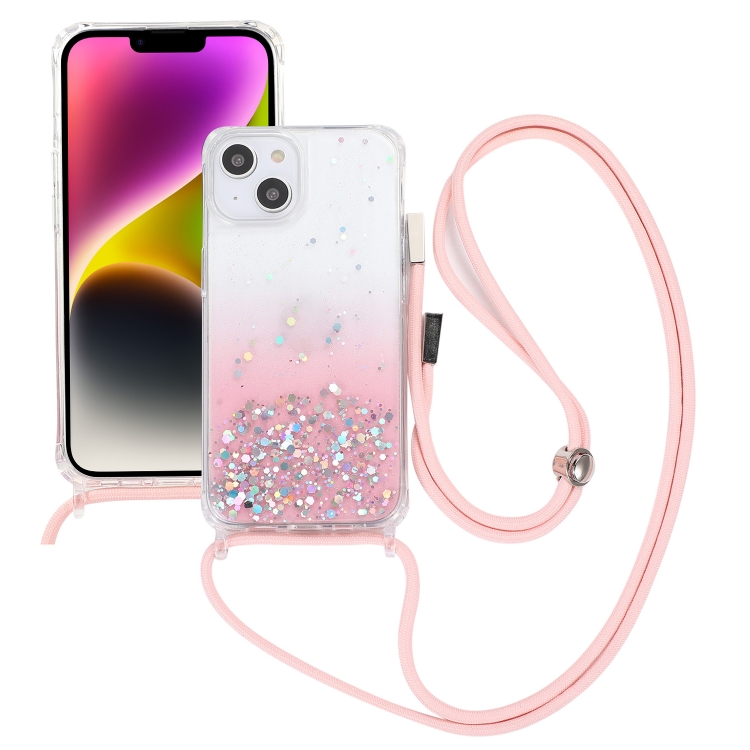 

For iPhone 15 Plus Gradient Glitter Epoxy TPU Thickened Acrylic Phone Case with Round Neck Lanyard(Pink)