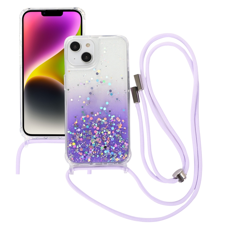 

For iPhone 15 Plus Gradient Glitter Epoxy TPU Thickened Acrylic Phone Case with Round Neck Lanyard(Purple)