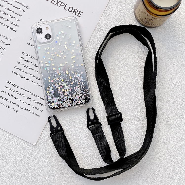 

For iPhone 15 Gradient Glitter Epoxy TPU Thickened Acrylic Phone Case with Wide Lanyard(Black)