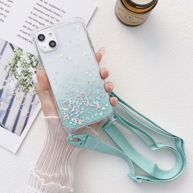 

For iPhone 15 Gradient Glitter Epoxy TPU Thickened Acrylic Phone Case with Wide Lanyard(Blue)