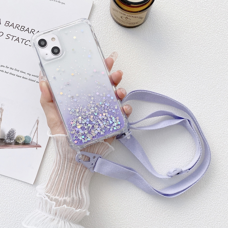 

For iPhone 15 Plus Gradient Glitter Epoxy TPU Thickened Acrylic Phone Case with Wide Lanyard(Purple)