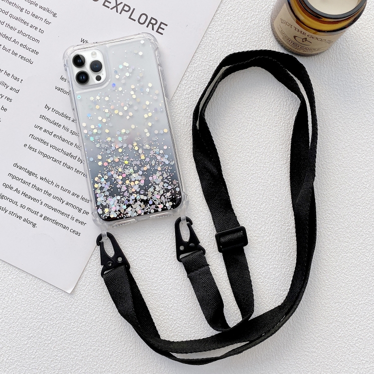 

For iPhone 15 Pro Gradient Glitter Epoxy TPU Thickened Acrylic Phone Case with Wide Lanyard(Black)