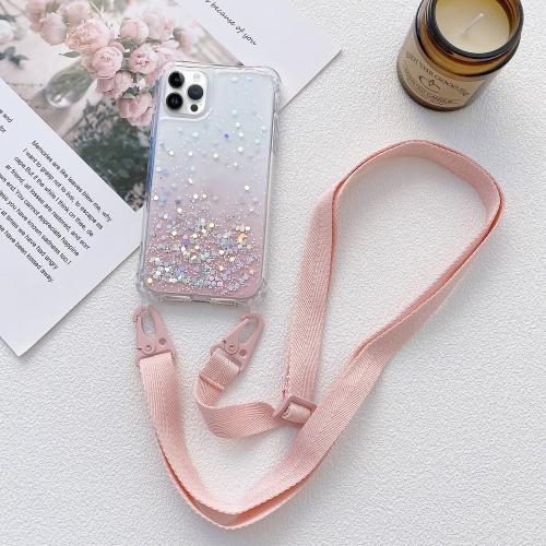 

For iPhone 15 Pro Gradient Glitter Epoxy TPU Thickened Acrylic Phone Case with Wide Lanyard(Pink)
