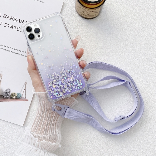 

For iPhone 15 Pro Gradient Glitter Epoxy TPU Thickened Acrylic Phone Case with Wide Lanyard(Purple)