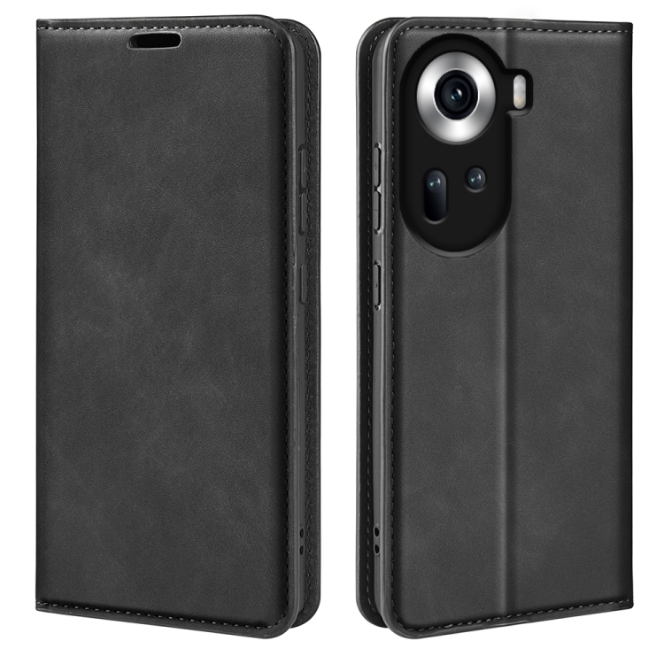 

For OPPO Reno11 5G Global Retro-skin Magnetic Suction Leather Phone Case(Black)