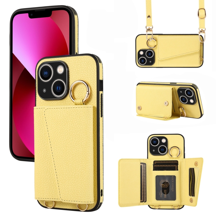 

For iPhone 13 Crossbody Ring Wallet Leather Back Cover Phone Case(Yellow)