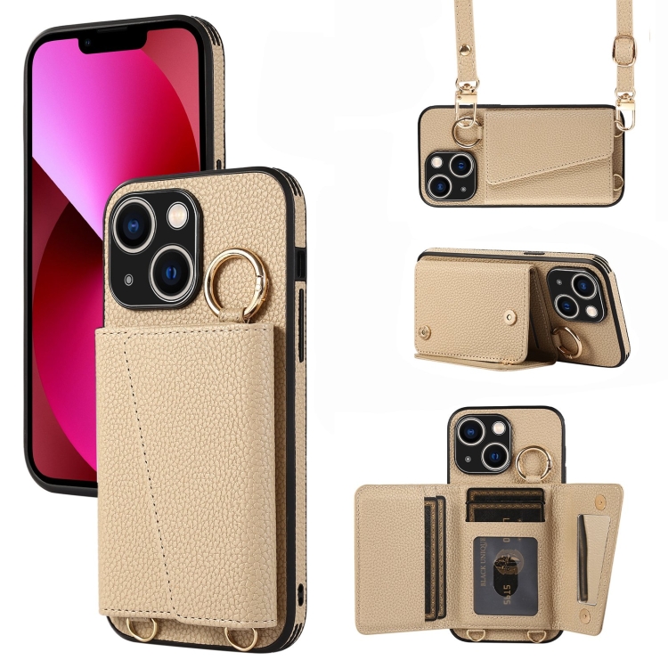 

For iPhone 13 Crossbody Ring Wallet Leather Back Cover Phone Case(Brown)
