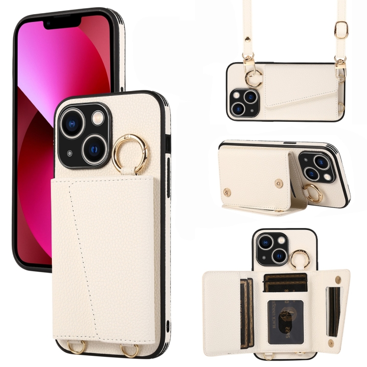 

For iPhone 13 Crossbody Ring Wallet Leather Back Cover Phone Case(White)